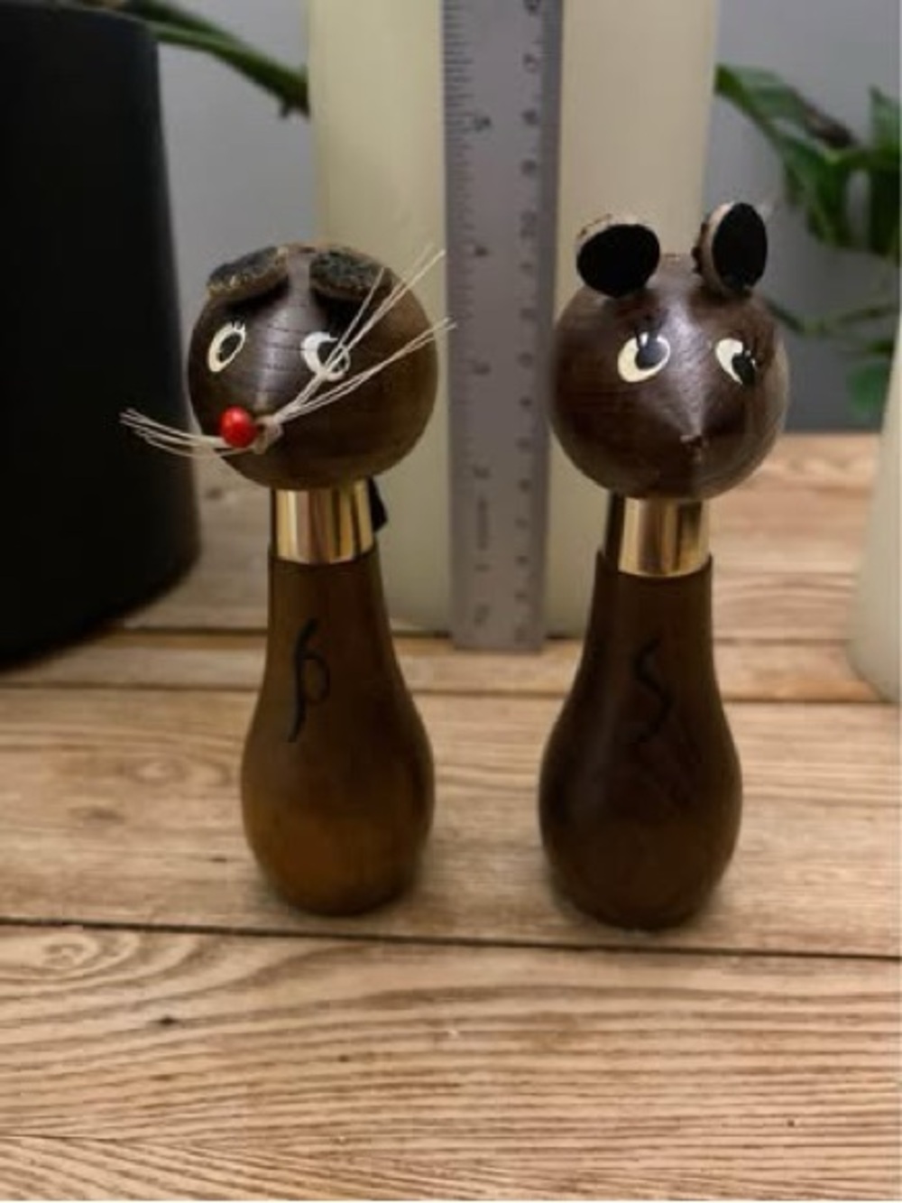 Vintage Mid Century Teak Wooden Mouse Salt and Pepper Shakers Set